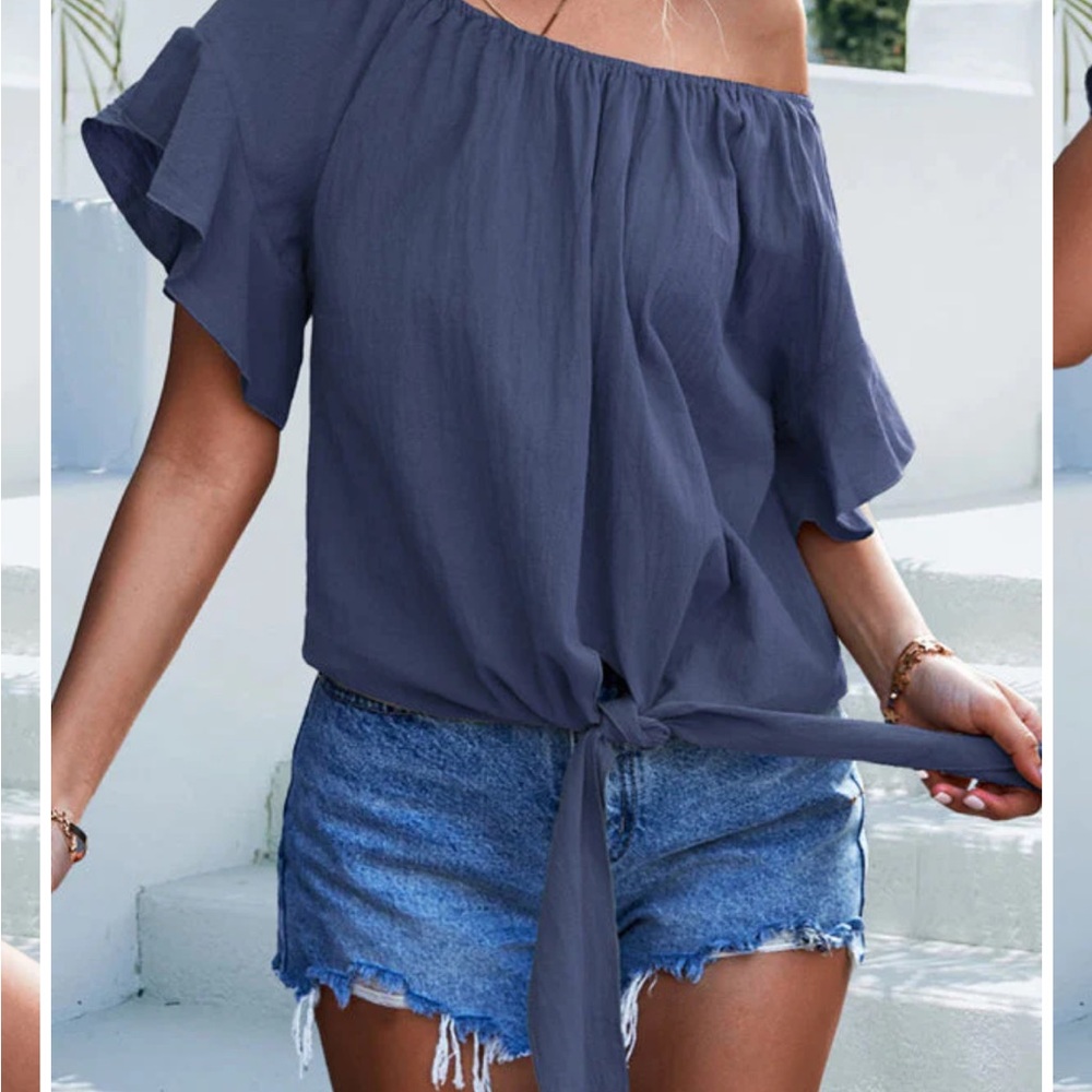 Blue Flutter Sleeve Ruffled Blouse